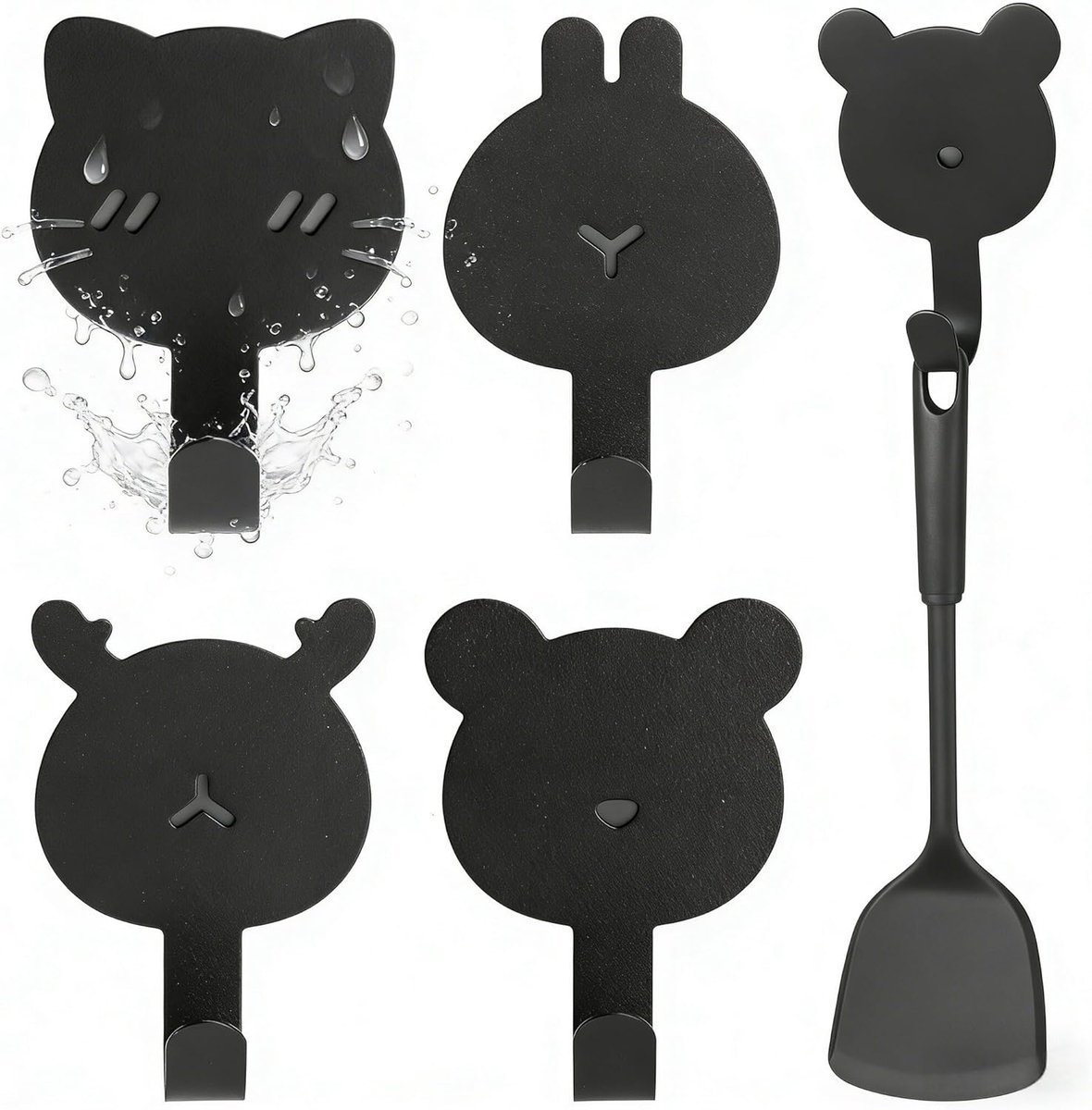 Magnetische dierenhaken, krachtige magnetische haak van metaal en rubber, magneethaken zonder boren, zwart voor keuken, badkamer, slaapkamer, zwarte magnetische haken