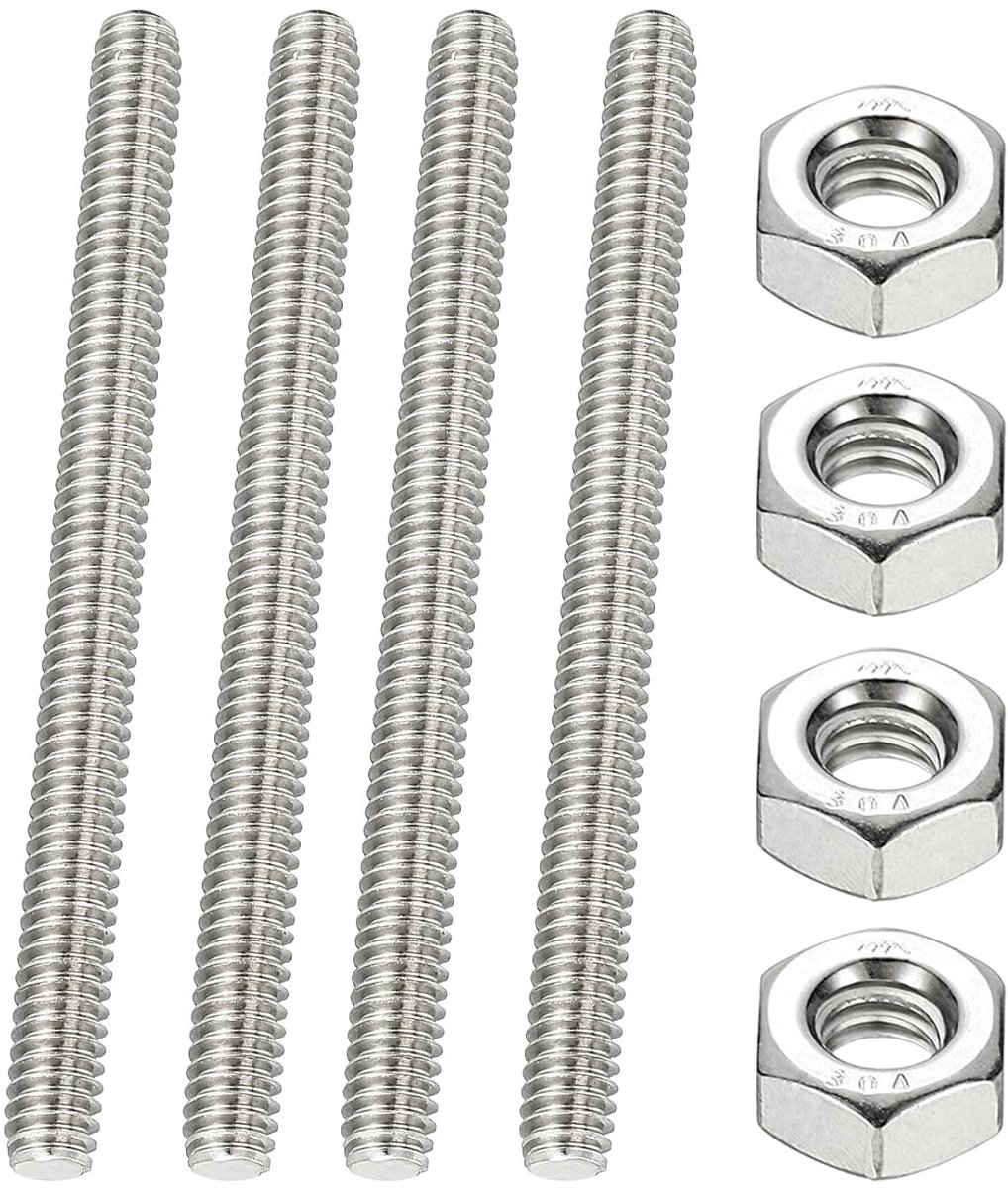 4 stuks 80 mm lange schroefdraadstang 1/4"-20 UNC met 4 stuks zeskantmoeren, roestvrij stalen schroefdraadstaaf, lange metalen stang met schroefdraad voor montage, bevestiging van meubels
