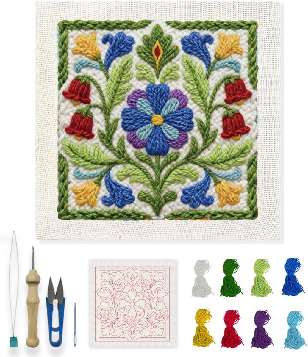 Retro Groene Punch Naald Kit 7,8 x 7,8 inch Bloemen Punch Naald Borduurpakketten Pastorale DIY Naalden Stiksels Kits voor Beginners met Instructie Garens Kerst Verjaardag Opknoping Decor