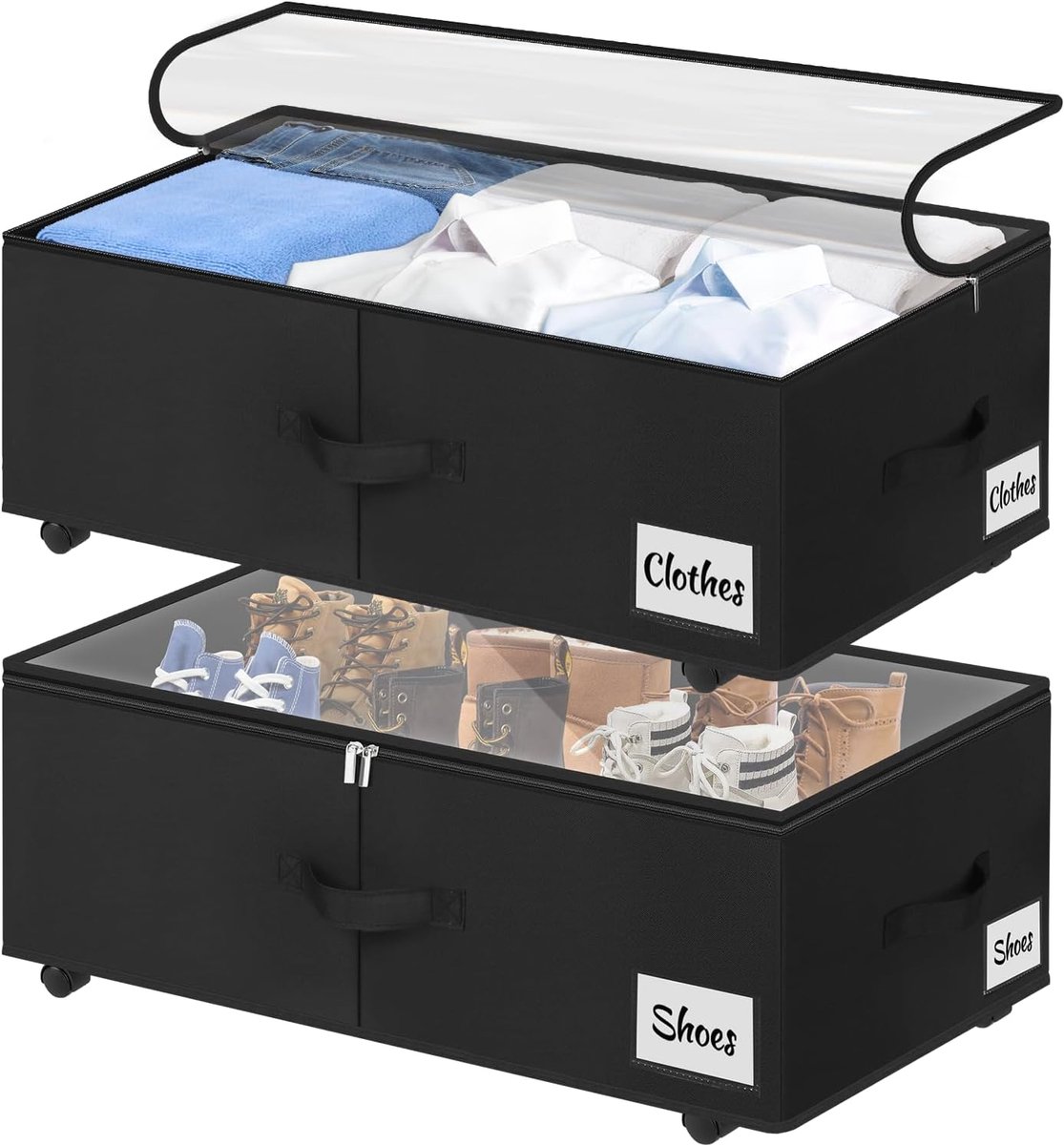 opbergdoos met wielen, 360° draaibaar, 2 stuks, XXL, 60 liter, onderbed opbergdoos met transparant deksel, snelle montage bedbox opslag voor dekbedden, kleding, schoenen en dekens, zwart