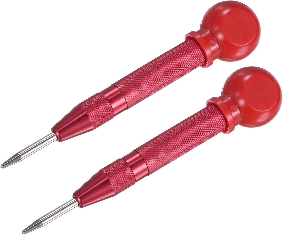 METERXITY Set van 2 automatische centerpons, 133 mm HSS veerbelaste nagelpons met palmkussen dop voor stalen plaat/houten plank/glas, verstelbaar slagpons, raambrekergereedschap [rood]