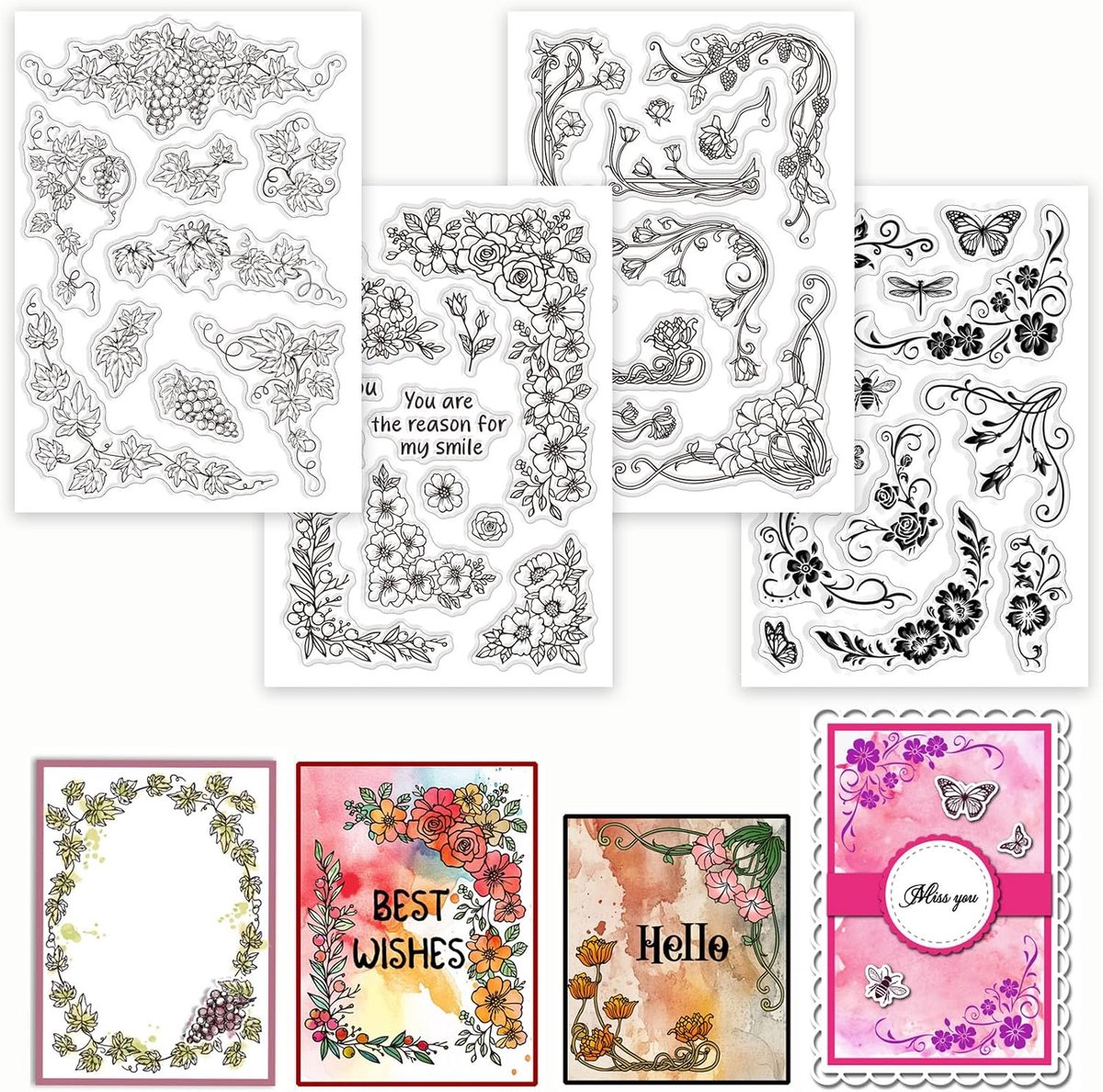 4 vellen bloemenhoeken transparante stempel voor scrapbooking rankenplanten punten siliconen stempel rozenframe transparante stempelset voor kaartontwerp doe-het-zelf reliëf journaling