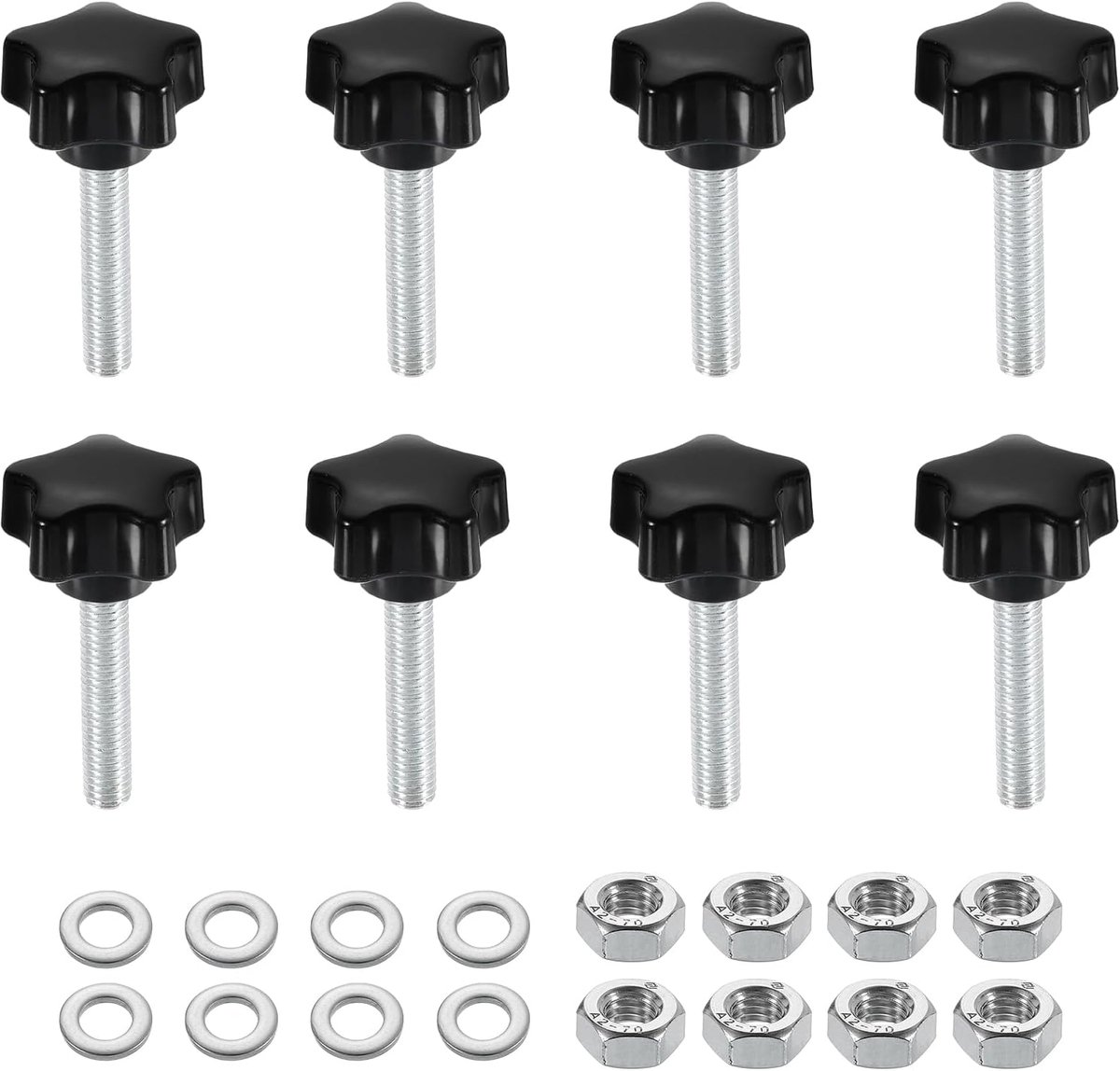 8 stuks sterklemknopen met moeren sluitringen, M6 x 30 mm, metrisch verzinkt koolstofstaal, schroefdraad 25 mm, 5-sterren kunststof draadstift, handknopen, handgrepen, duimschroeven
