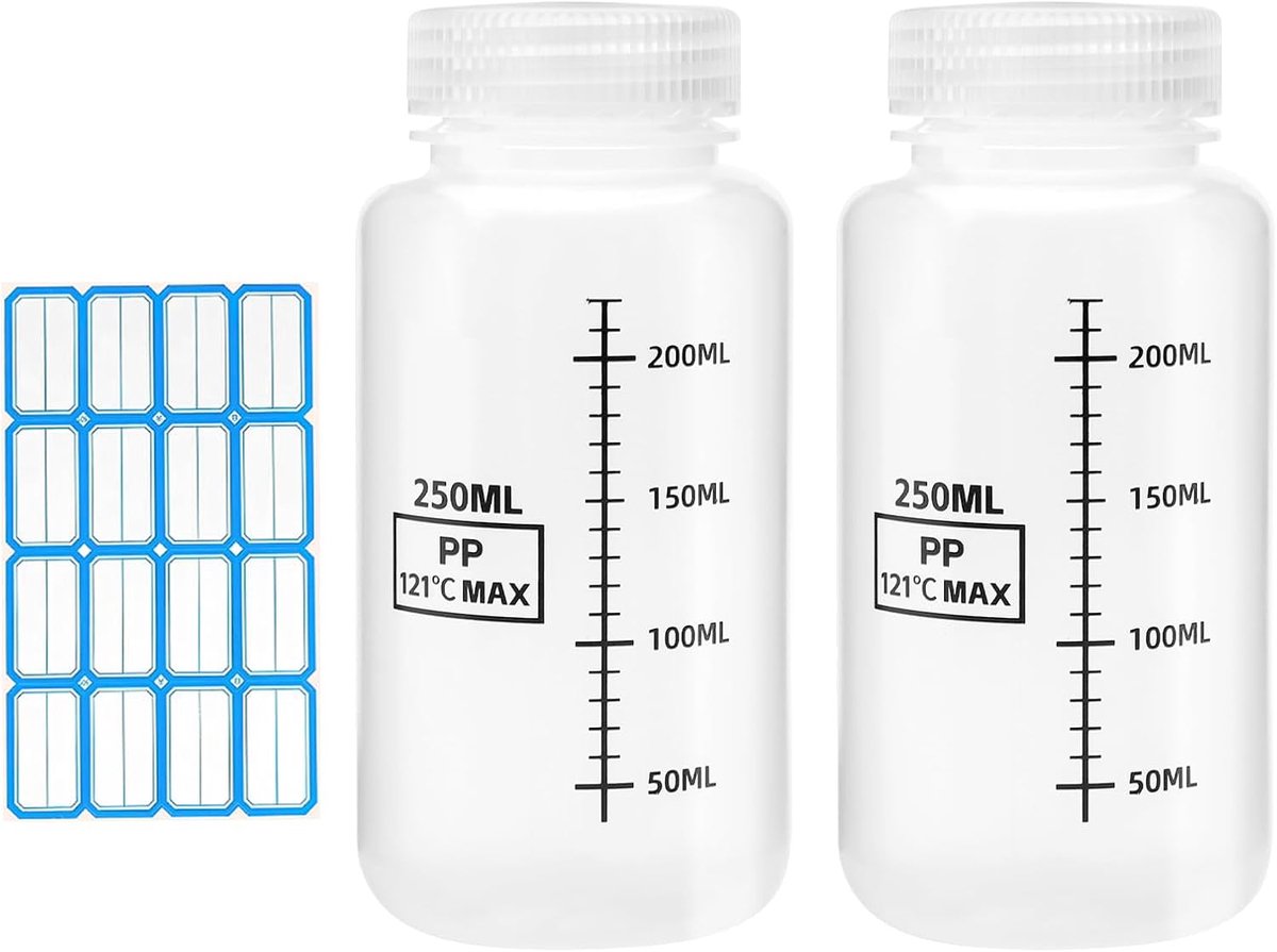 2 doseerflessen 250 ml, fles met brede hals, laboratoriumfles, transparant, luchtdicht, luchtdicht, met handgeschreven stickers