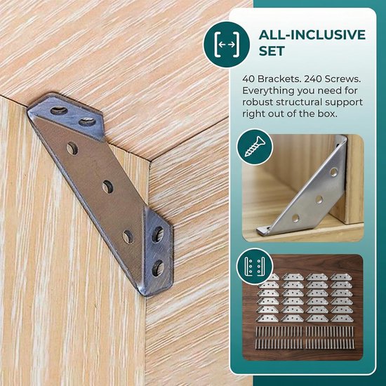 40 bevestigingsbeugels van roestvrij staal met 240 schroeven, 6,2 x 2,1 x 1,2 cm, verbindingshoeken voor meubels, planken, knutselprojecten — afbeelding 5