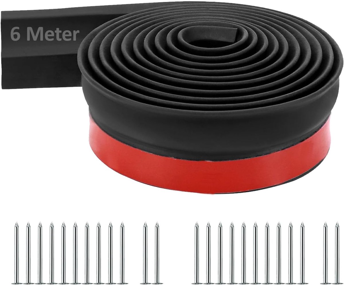 Afdichting voor garagedeur, 6 meter, rubberen strip, zelfklevende garagedeur, afdichtingsstrips, garages schoon en droog te houden, inclusief 24 stuks schroeven, geschikt voor vloeren en deurspleten