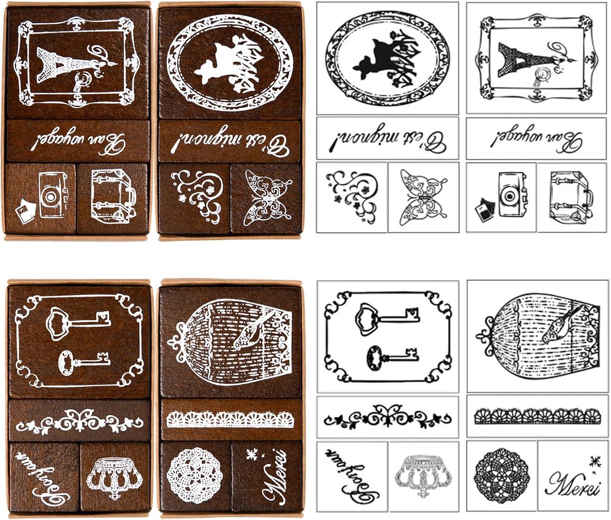 4-delige set van stempels met letters Vintage houten stempels Journey motiefstempels set houten rubberstempels merksymbool stempel voor scrapbooking, bullet journals, kaarten maken, handwerk