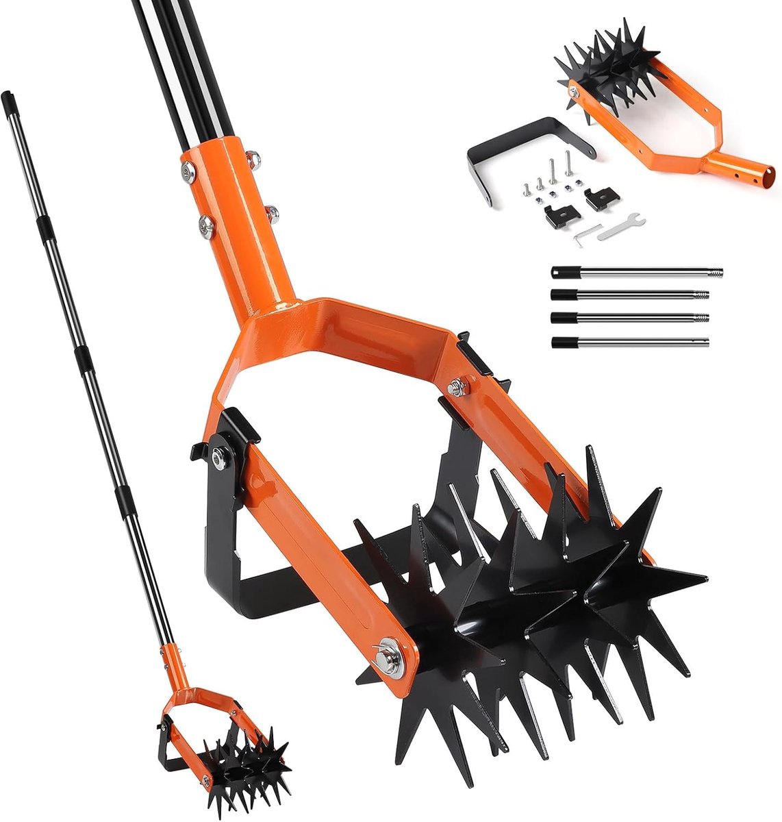 Sterfräse Tuin Cultivator met 4-delige steel van roestvrij staal, tuinmaaismachine en kruimelgrubber in één apparaat, tuinfrees bodemkrummeler voor bodemlosmaking en onkruidbestrijding