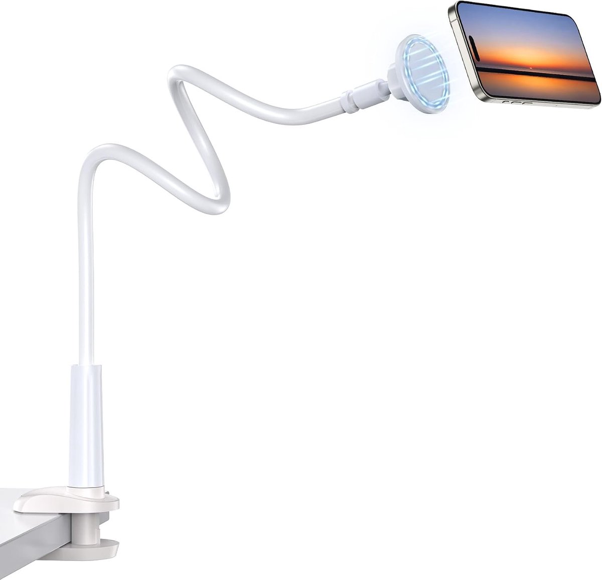 Compatibel met Steun MagSafe Telefoonhouder met zwanenhals, opvouwbare iPhone-standaard met metalen ringen, compatibel met iPhone 17, 16, 15, 14, 13, 12 Pro Max