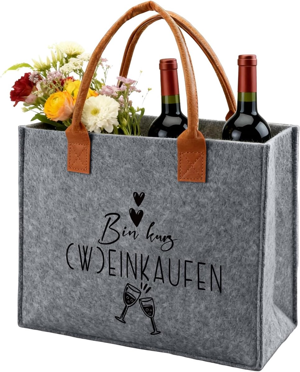vilten tas met spreuk Bin Short (W) winkelen, vilten tas met rode wijn voor dames, vilten boodschappentas, cadeau voor vrouwen, echtgenote, vrienden, collega voor verjaardag, vakantie