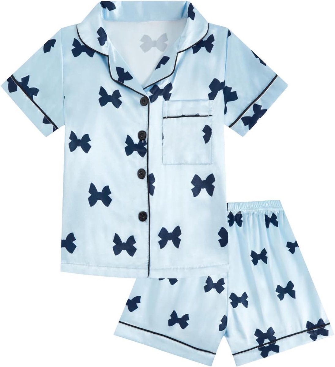 Kinderpyjama meisjes satijnen pyjama set korte mouwen zijden pyjama 2-delige button down nachtkleding strik streep nachtkleding zomer pyjama voor meisjes 8-12 jaar