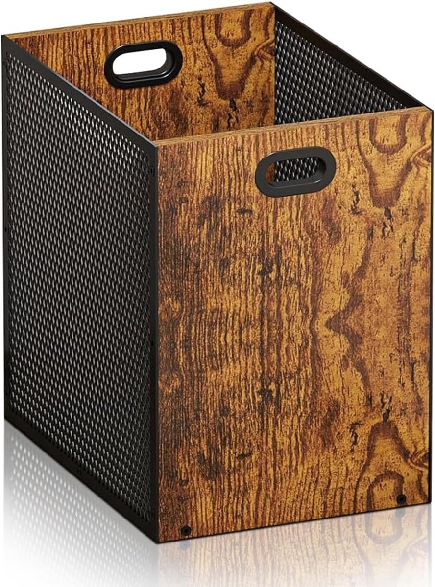 prullenbak, 16,8 l, combinatie van ijzer en hout voor kantoor, woonkamer, keuken en meer, afvalemmer in rechthoekig design, prullenmand in industriële stijl met handgrepen, 28 x 20 x 30 cm