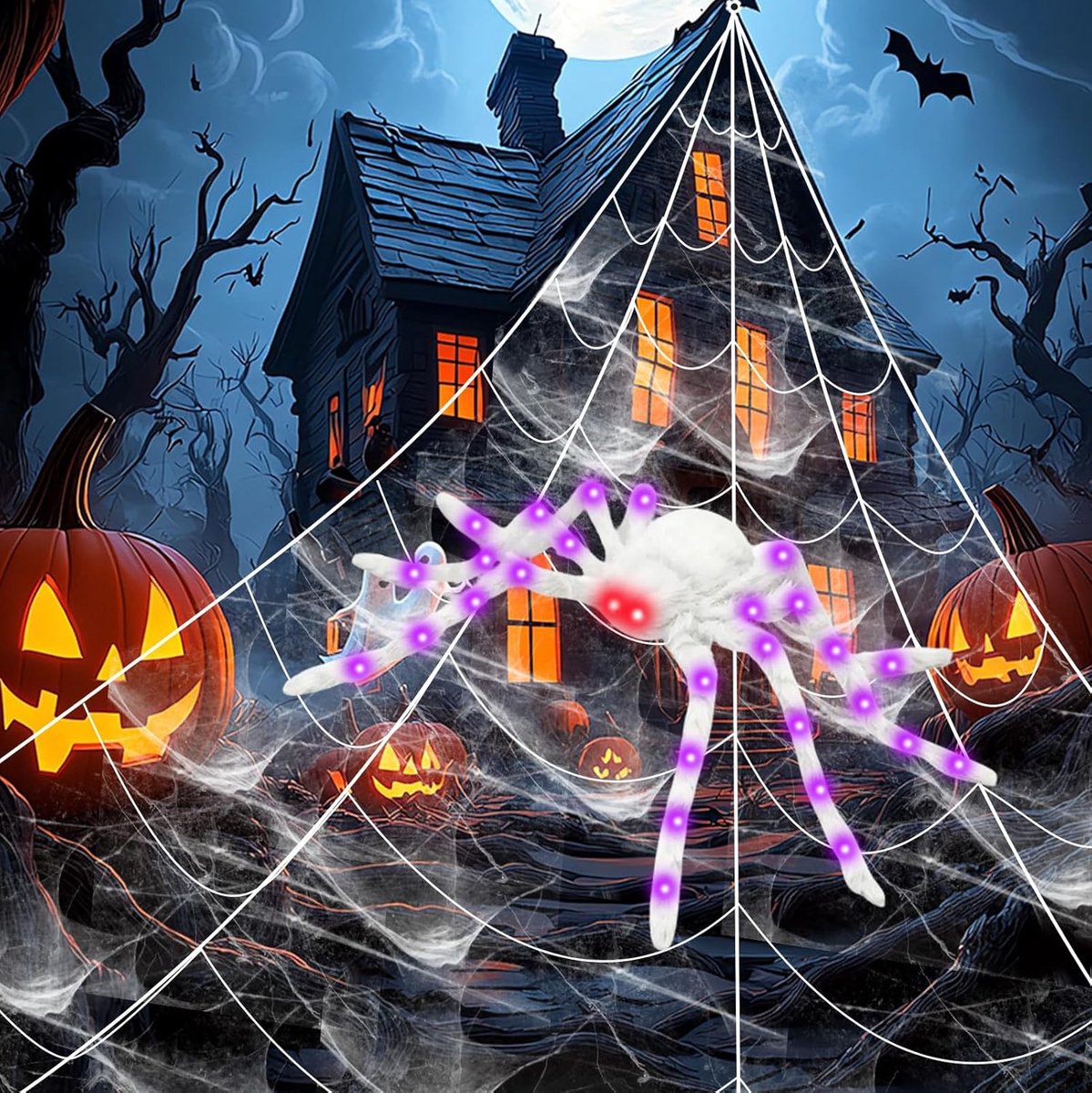 decoratieset met 125 cm witte harige spin met led, 500 cm groot spinnennet, spinnenwebben, 20 mini-spinnen, XL reuzenspin, decoratie, griezelige buitendecoratie (zonder batterij)