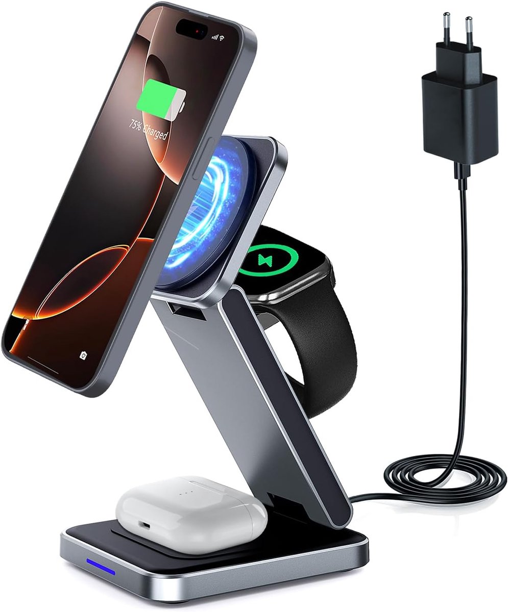 3-in-1 draadloze oplader voor smartphone, smartwatch en hoofdtelefoon, 15 W snel opladen, met voeding, grijs