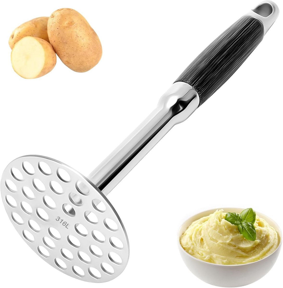 316 roestvrij staal, stamper aardappel met houten handvat, 0,8 cm, gaten voor aardappelen, vlees, bonen, groenten, aardappelstamper, roestvrij staal, gemakkelijk te reinigen