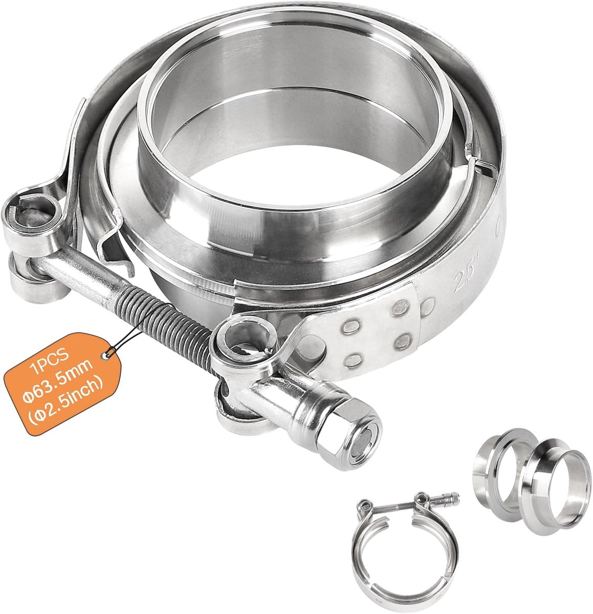 klem + flens Ø 63,5 mm (2,5 inch) compleet 304 roestvrij staal uitlaatklem-kit, turbo-uitlaatsysteem snelsluiting met centrering ringen en klem voor turboslang (1 stuk, zilver)