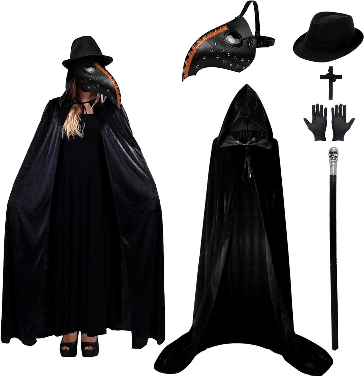 Plague Doctor Kostuum Volwassen Kinderen, Lederen Pest Dokter Masker met Hooded Mantel, Top Hoed Kruis Ketting Handschoen Scepter Retro Cosplay Outfit Fancy Dress