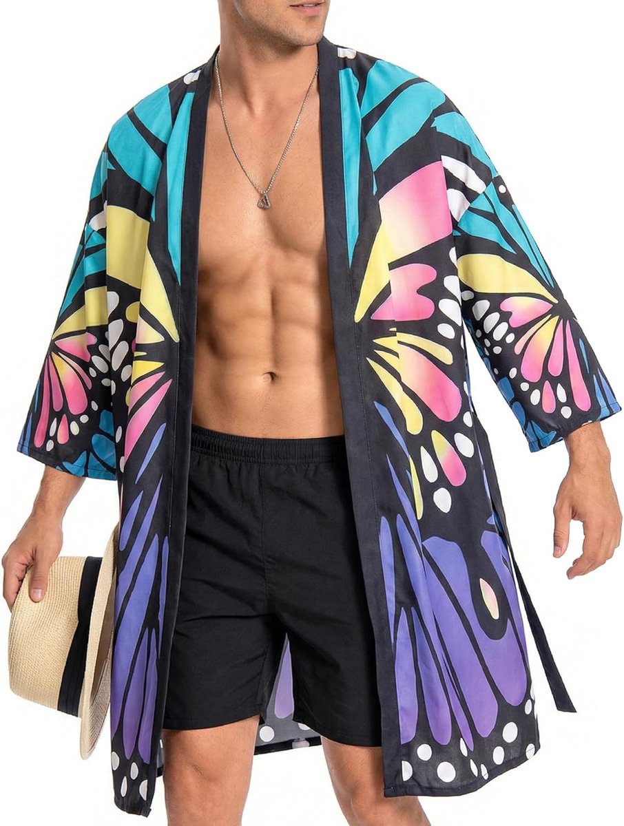 Mannen Lichtgewicht Kimono Robe met Riem Japanse Stijl Gewaad Jas Unisex Casual Open Front Lange Vest Cape Jas Uitloper, Vlinder, S
