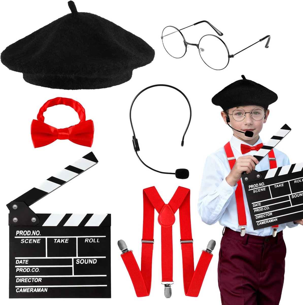 kostuumaccessoires voor kinderen, regisseur verkleedset met baret hoed klepel board bretels vlinderdas microfoon headset rekwisieten bril voor film nacht feest Halloween carnaval kostuum
