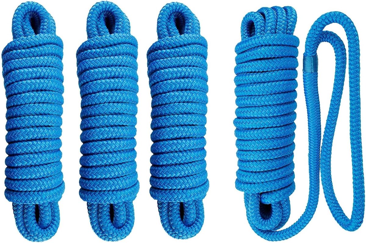 4 stuks boot touw 12 mm aanmeerlijn met oog nylon dubbel gevlochten fendertouw dok lijnen Ø 12 mm, L: 6,1 m, oog 30,48 cm, breukbelasting: 2240 kg, blauw