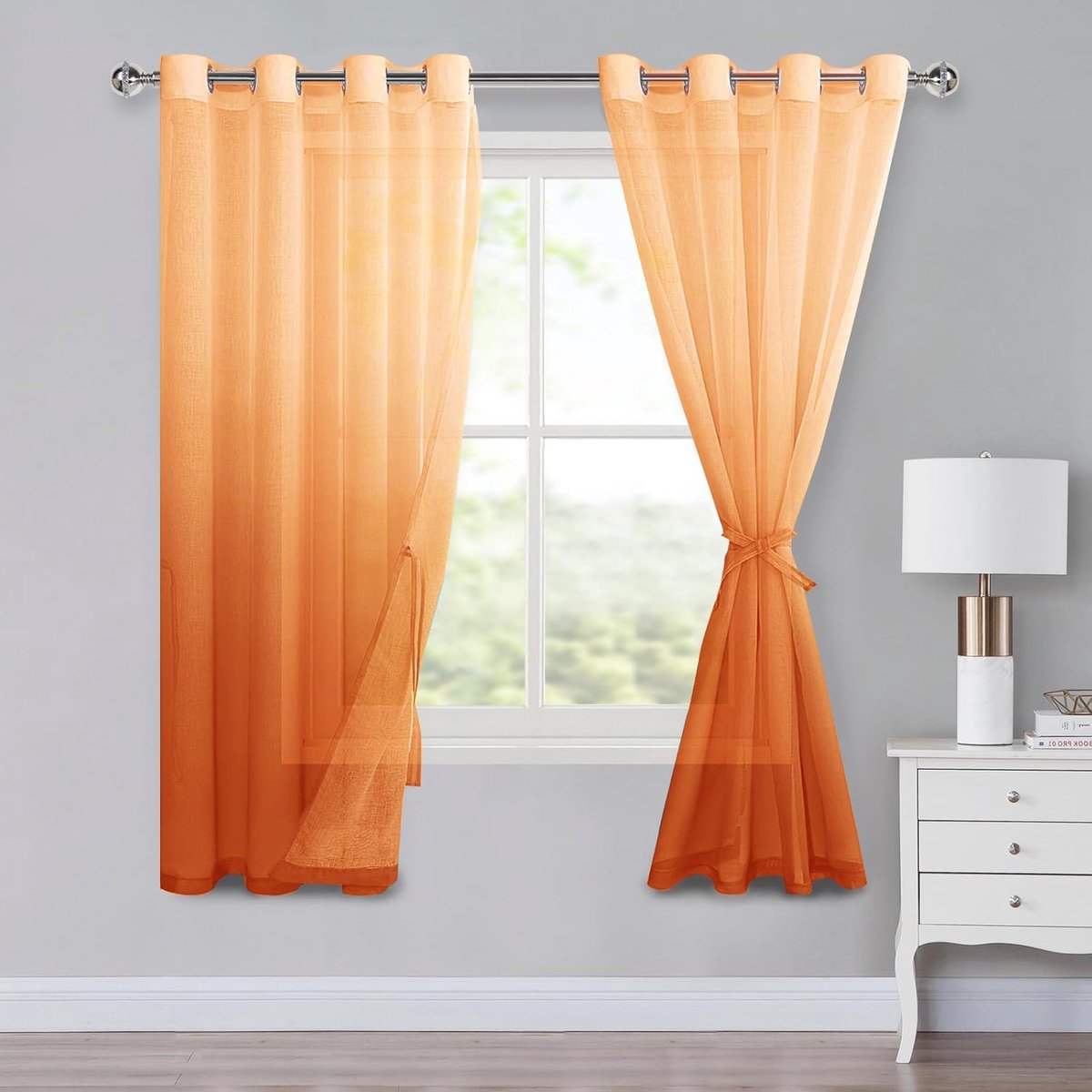 Voile gordijnen met ogen gordijnen kleurverloop gordijn Sheer Ombre gordijnen set van 2 voor slaapkamer en woonkamer lusgordijnen met gordijnhouder H 160 x B 140 cm oranje