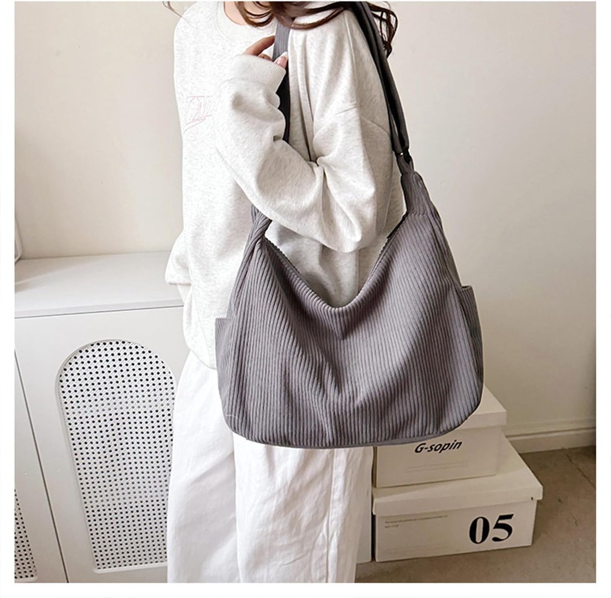 Crossbody Bag schoudertas voor dames, middelgroot, corduroy, halve maan, tas, hobo bag, shopper, tas, dames, buideltas, stoffen tas, schoudertas voor college, school, werk, reizen, winkelen