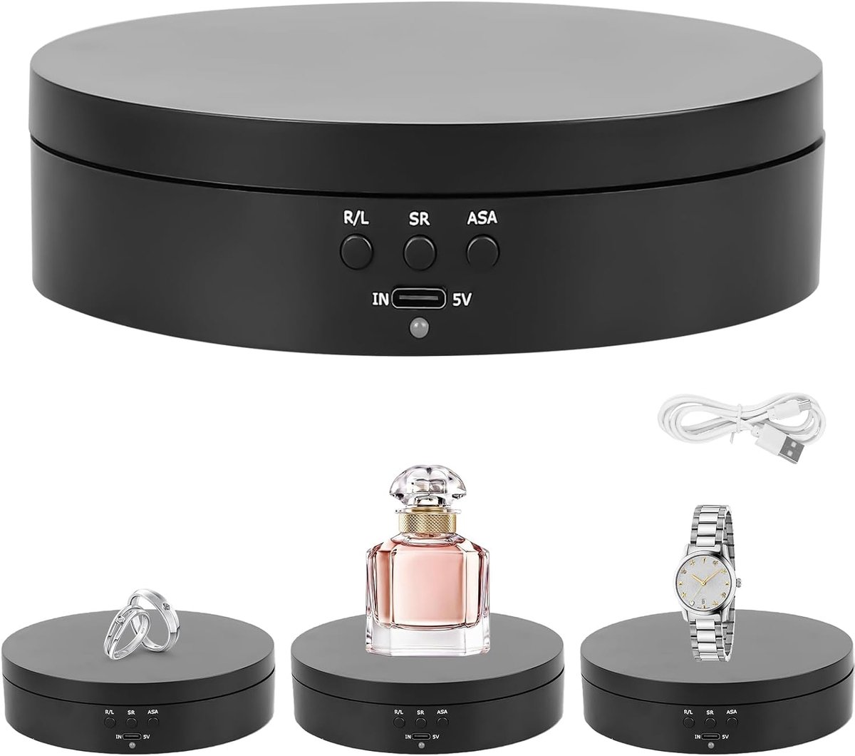 draaiplateau, 360° richting en snelheid, 3KG automatisch draaiplatform, 13.8cm draaiplateau voor sieraden, horloges, digitale producten (Zwart)
