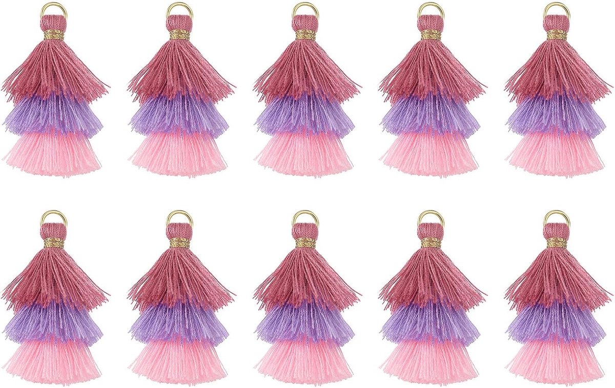 10 stuks kleine drielaagse kwasten, 4,6 cm, mini-kwastjes, tashanger, Boheemse handgemaakte kwasten, sleutelhangers voor doe-het-zelf projecten, sieraden maken (roze/paars/roze)