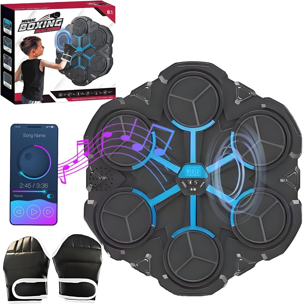 Boxing Machine- Boksmachine - Muziek Bokstrainer-Interactieve Training- LED-display - Reactie- en Coördinatietraining - Muzikale Boxmachine-Incl. Handschoenen - Volwassenen & Kinderen -zwart