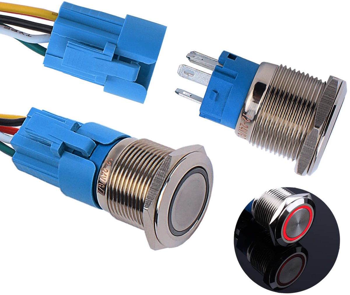 2 x 19 mm momentane metalen drukschakelaar, 12 V tot 24 V, 3 A, momentary drukknop schakelaar met rode ledlamp, IP66, 1NO1NC, drukknop, waterdichte voorbekabelde drukknop voor boot, vrachtwagen