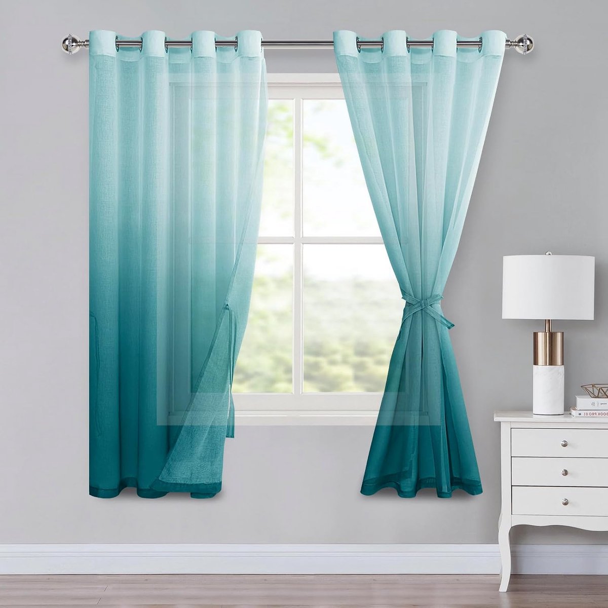 Voile gordijnen met ringen gordijnen kleurverloop gordijn Sheer Ombre gordijnen set van 2 voor slaapkamer en woonkamer lusgordijnen met gordijnhouder H175xB140cm blauw
