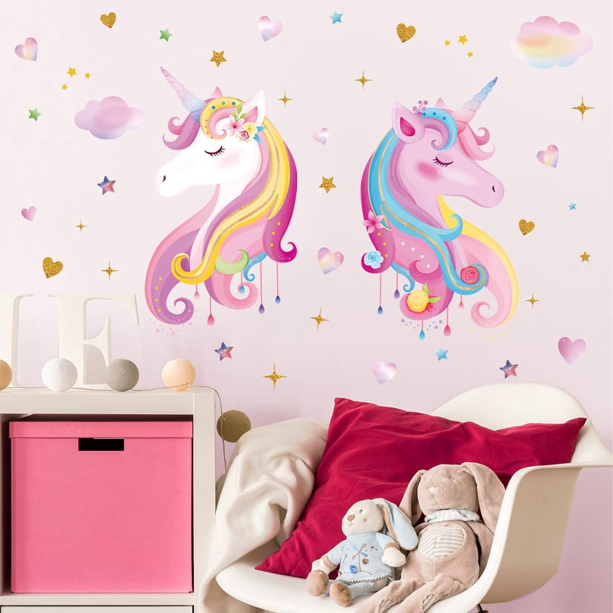 wondever Muursticker eenhoorn roze muursticker regenboog harten sterren muursticker wanddecoratie voor kinderkamer meisjes babykamer