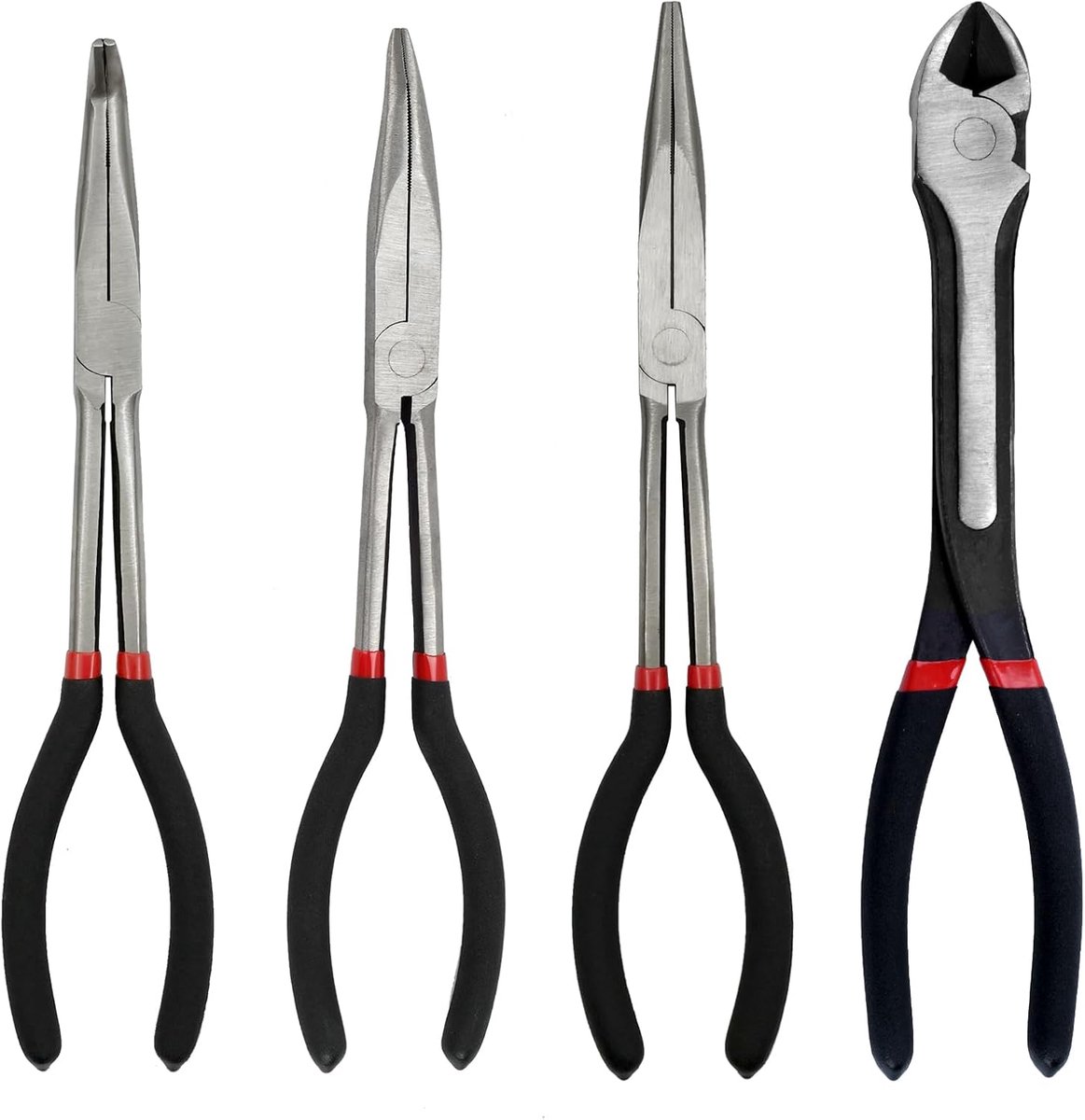 4 stuks 11 inch naald neus tang set, extra lange naald neus tang, inclusief rechte lange reach tang, 45/90 ° gebogen neus tang, diagonale tang voor buigen vormgeven trimmen