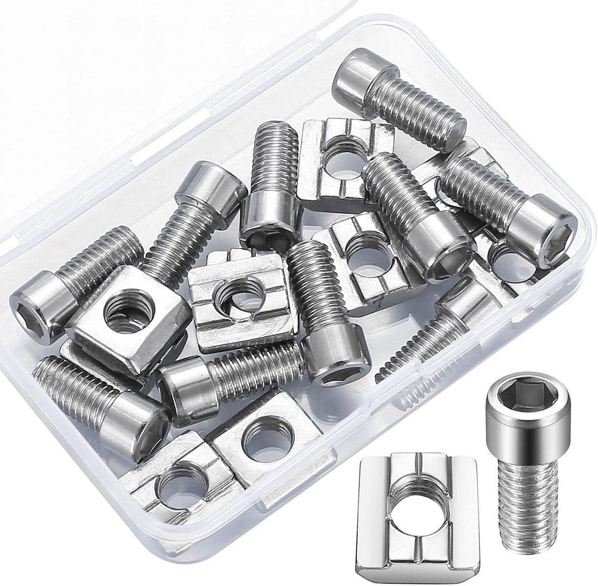 T-moeren M8, kit met 10 glijmoeren serie 3030 type B, roestvrij staal, interne zeskantschroef, voor sleuf-extrusie aluminium profiel standaard 30 serie