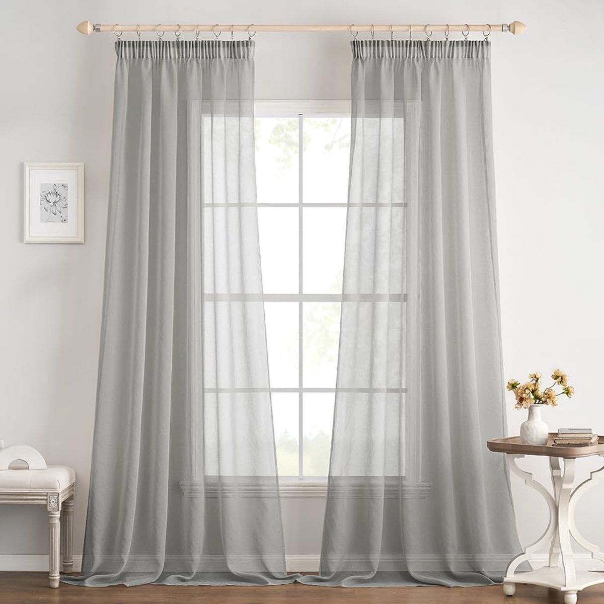 Glasgordijn, polyester voilegordijn met plooiband, transparante vitrage, luchtig, decoratief, voor slaapkamer en woonkamer, set van 2 gordijnen, 140 X 225 cm (b x h), grijs