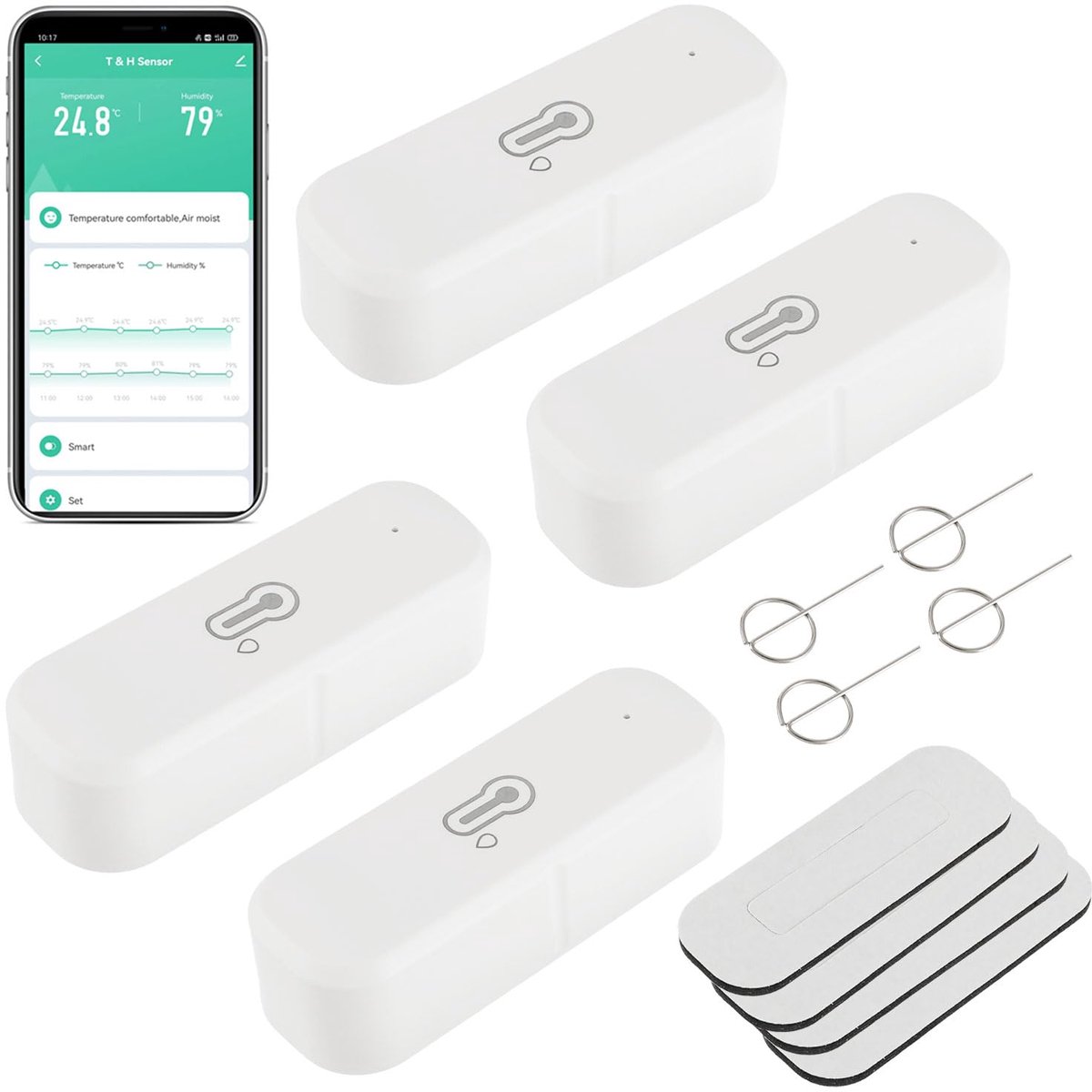 Hygrometer Thermometer Sensor, draadloze temperatuur- en vochtigheidssensor voor binnen en buiten met remote app-meldingsalarm, compatibel met Alexa/Google Home (4 stuks)