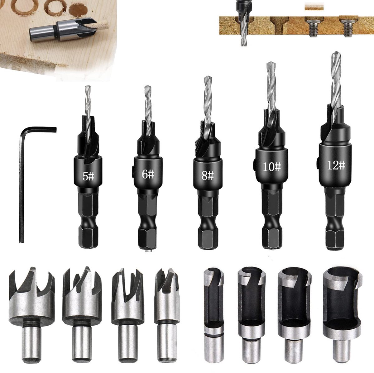 Verzinkboorset voor hout met 13 onderdelen, 5 x houtboren, tenonboorset, 8 x verzinkboren voor hout, houtdraaiboor met L-sleutel, voor doe-het-zelf houtbewerking