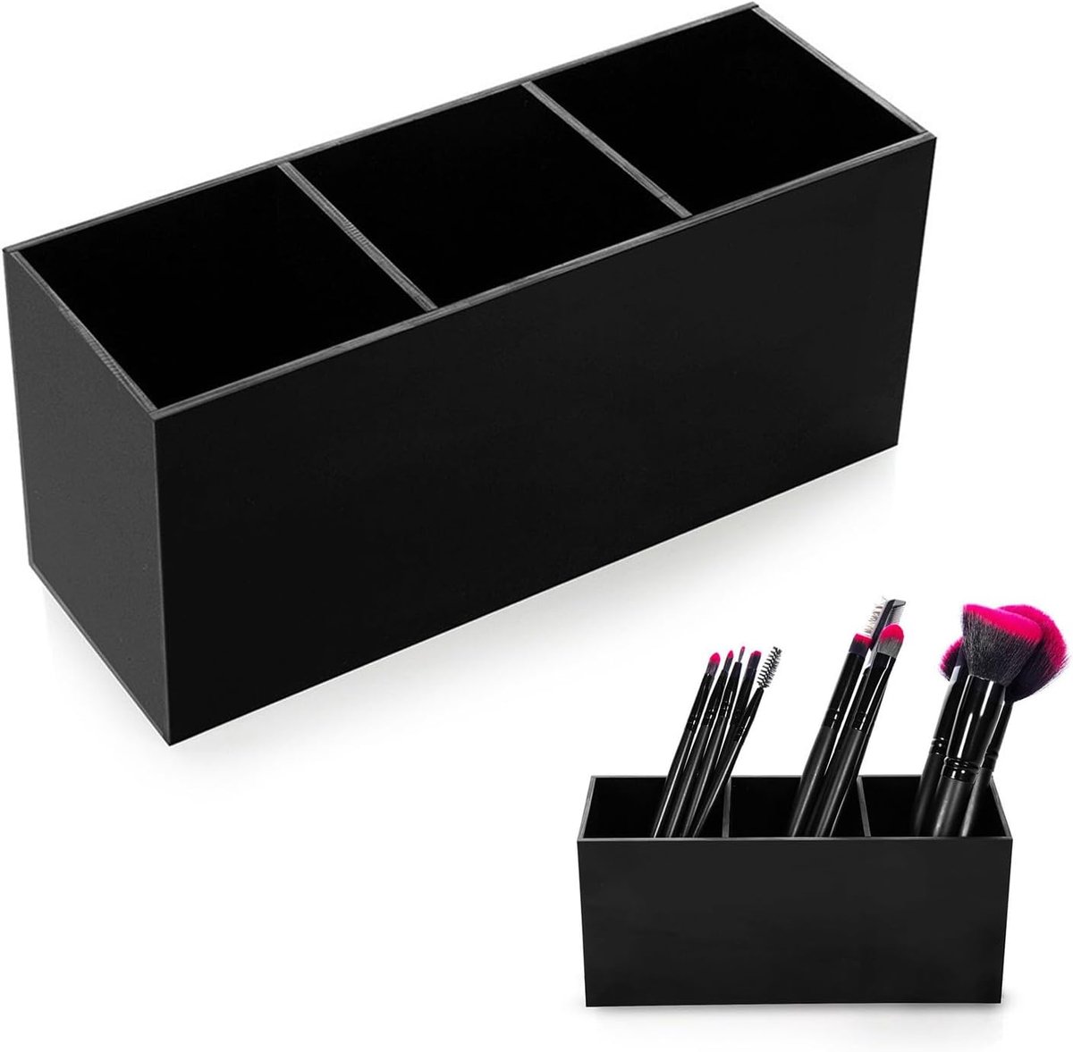 cosmetische borstelhouder met 3 vakken, acryl make-up penselen, organizer voor kwasten, eyeliner, lippenstift, borstels (zwart)
