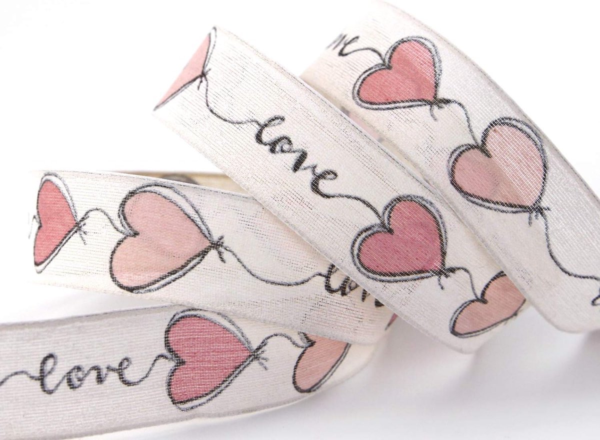 20 m x 25 mm decoband Love crème roze draadrand lint met harten lint cadeaulint stoffen lint harten Valentijnsdag