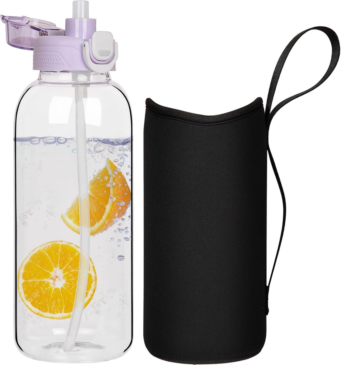 1,5 liter drinkfles, glazen fles met rietje, 1,5 l, glazen fles met beschermhoes, lekvrij, BPA-vrij, grote waterfles voor sport, smoothie, vruchten, koolzuurhoudende dranken