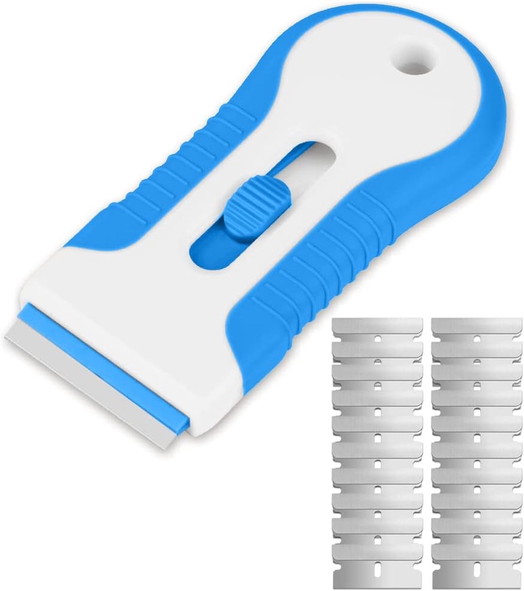Glazen kookplaatschraper met 20 reservemesjes voor schrapers, multifunctioneel reinigingsgereedschap voor etiketten, stickers, stickers, glaskleur (blauw, enkele kop)