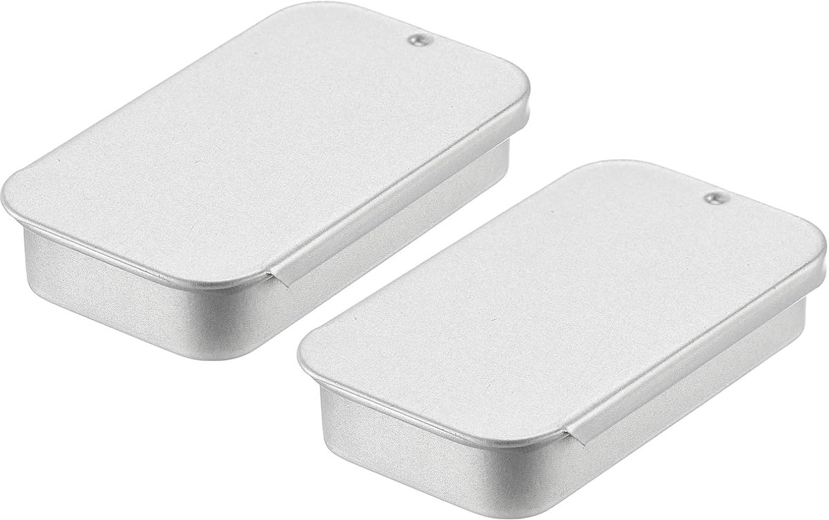 Metalen blikjes, 2 stuks, 6 x 3 x 1 cm, zilver, draagbare mini-blikjes van plaatstaal met schuifdeksel van metaal, voor het maken van sieraden