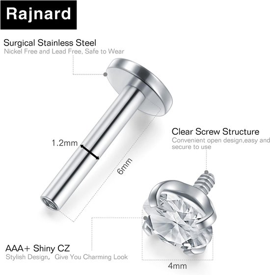 16G chirurgisch staal lip piercing stud zilver 6 8 10 12 14 16 19 mm kraakbeen tragus helix oorbellen piercing labret met zirkoon piercing sieraden voor vrouwen mannen — afbeelding 5