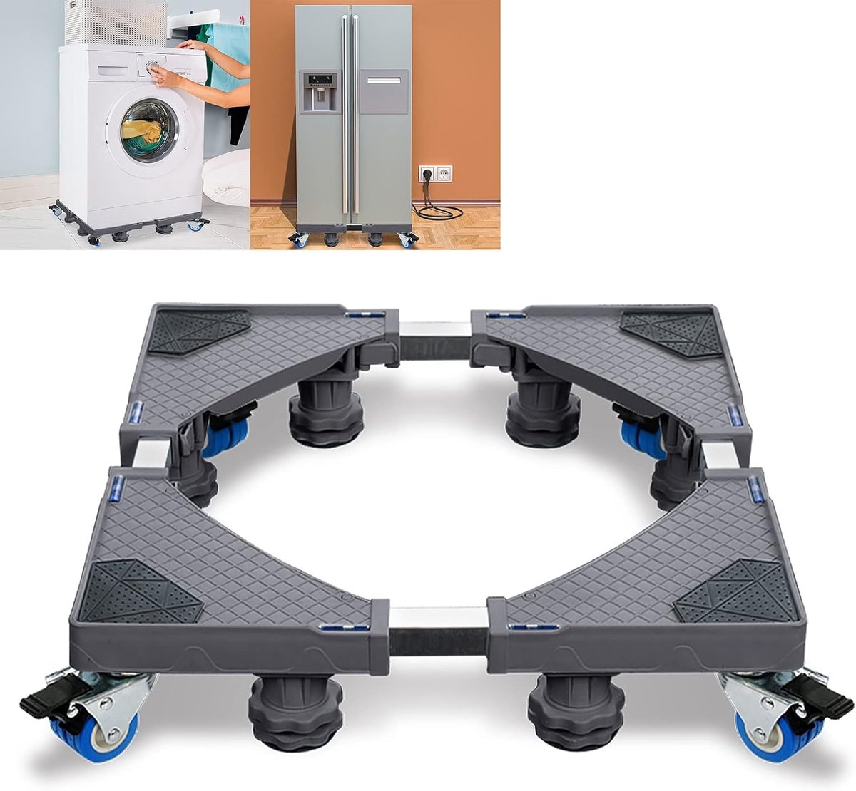 Verstelbare wasmachinesokkel, wasmachine-onderstel, onderkast, beweegbare sokkel voor koelkast, droger en wasmachine, (45 - 75 cm) - 8 voeten en 4 wielen, grijs
