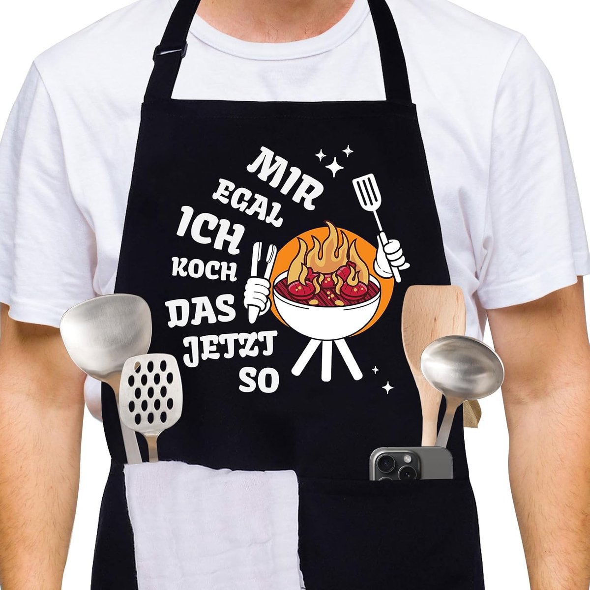 Keukenschort voor heren en dames, zwart, katoenen barbecueschort voor mannen, grappig schort voor mannen en vrouwen, met zakken, verstelbaar keukenschort, gepersonaliseerd schort, grappig cadeau
