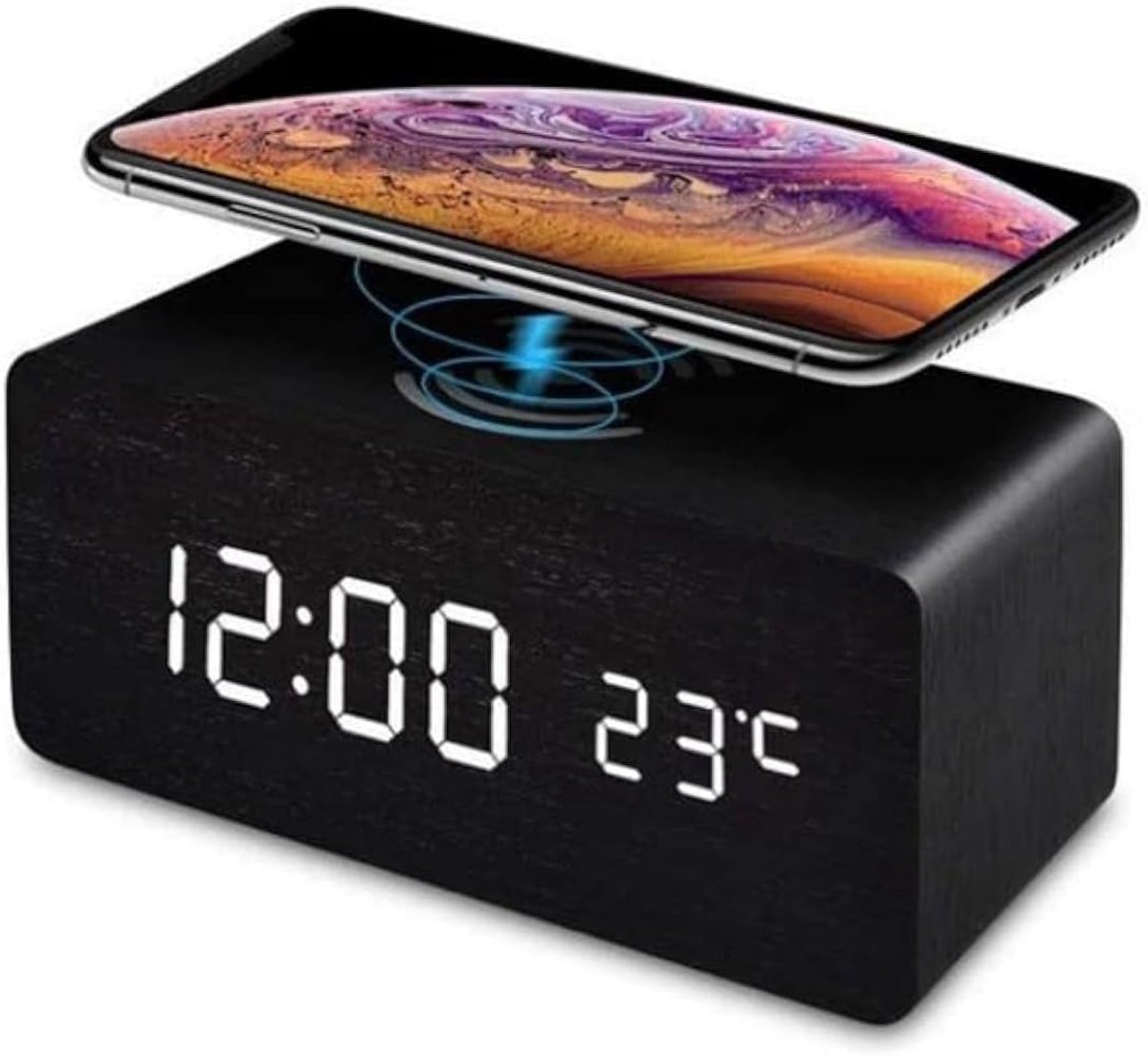 Digitale alarmklok met draadloos opladen - LED-display - Houten afwerking - Tijd en temperatuur weergeven - SnelShoppen