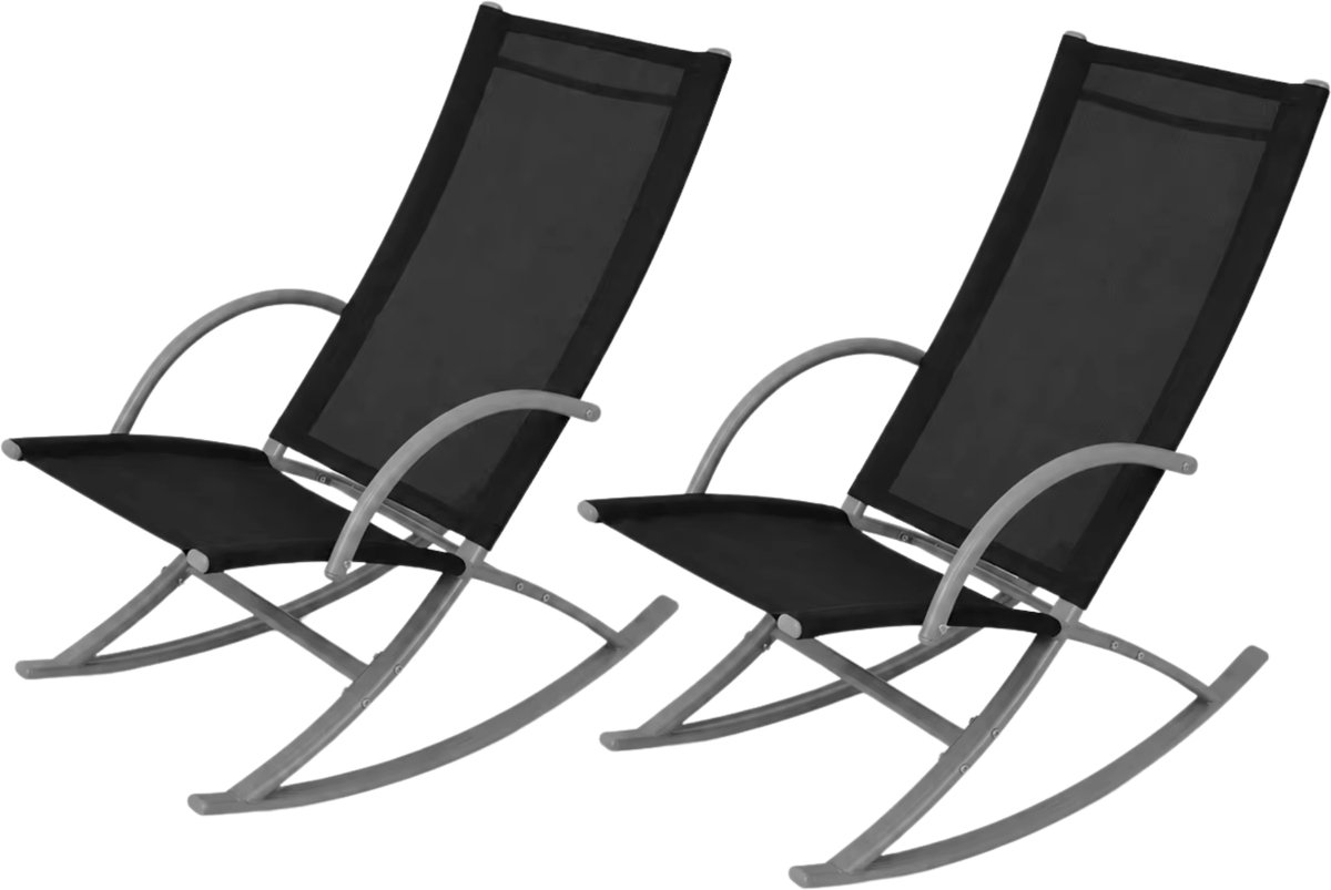2-delige Tuinschommelstoel Set Zwart – Staal, Textiel Lounge Stoelen 100 kg Draagkracht - Comfortabel, Modern