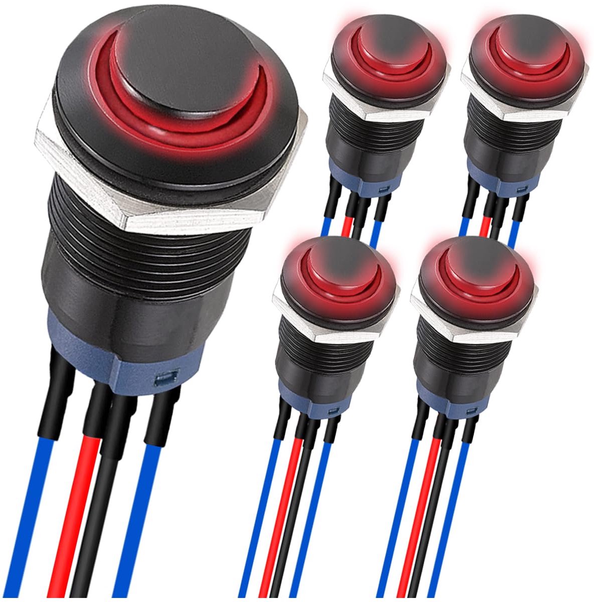 5St. 12mm Momentary LED drukknop schakelaar Zwart Shell met voorverkabeling IP65 waterdichte drukknop schakelaar SPST 2Positie AAN UIT met rode LED voor Auto Auto Marine Boot Vrachtwagen