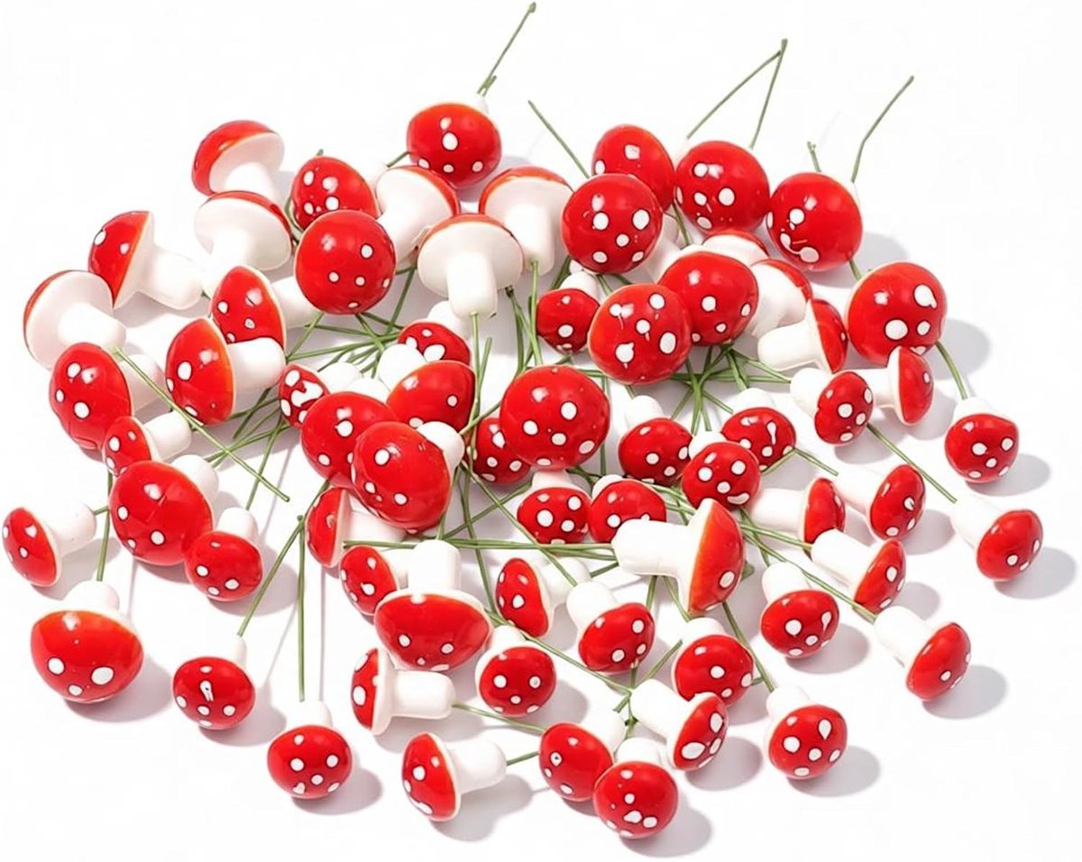 paddenstoelen op draad, pakket van 35 (10 mm), mini paddenstoelen, voor knutselen en decoratie als tafeldecoratie voor bruiloft, kinderverjaardag, miniatuur landschappen en tuin, Kerstmis