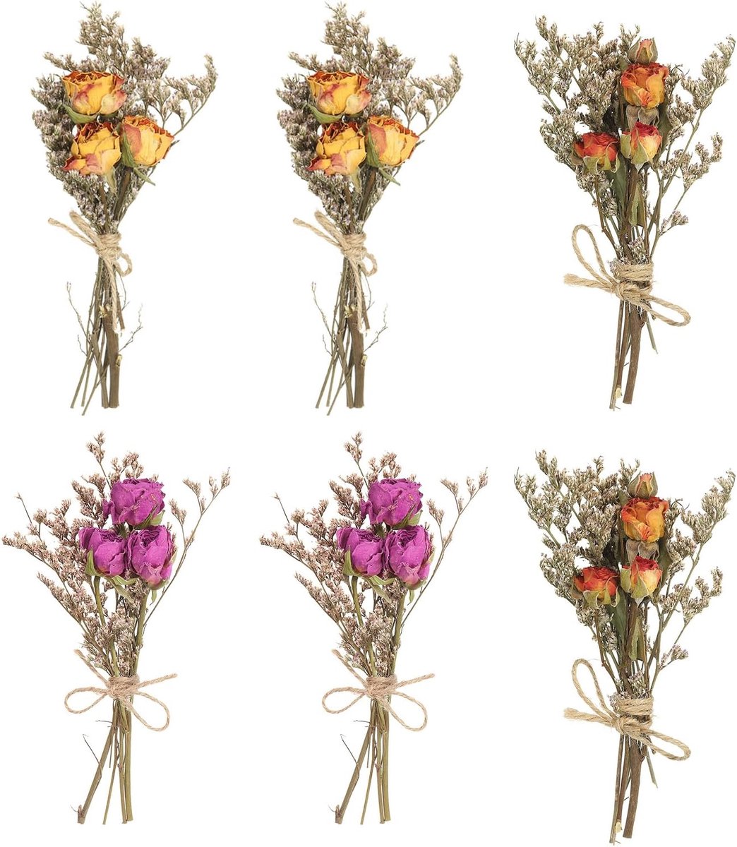 Mini droogbloemenboeket, 6 stuks rozen, natuurlijke wilde bloemen met steel, decoratie, gipskruid, boho-bloemen, plant, bloem voor knutselen, doe-het-zelf foto, oranje/rozerood/geel/rood